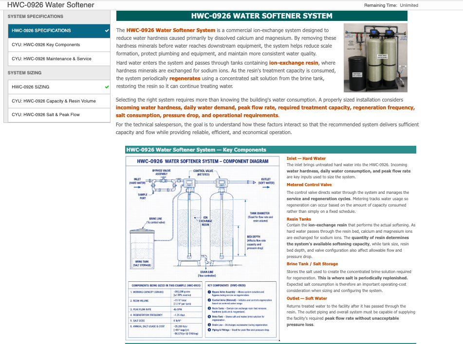Möbius PRO course screen showing the HWC-0926 water softener system specifications, with product photo and labeled component diagram